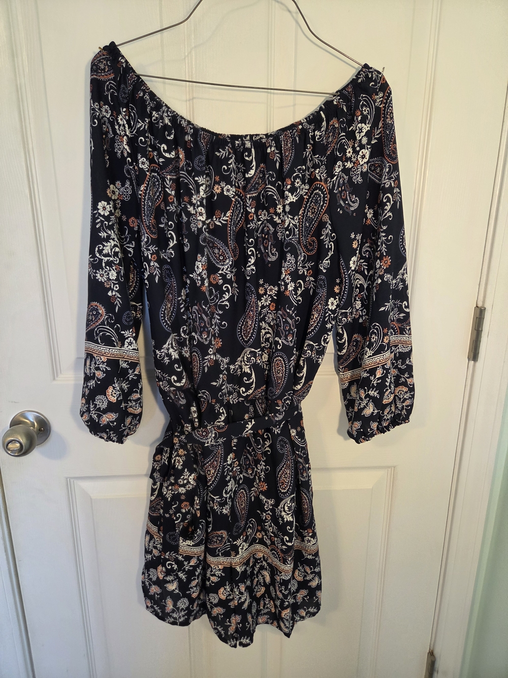 Off-Shoulder Navy Paisley Print Women’s Dress